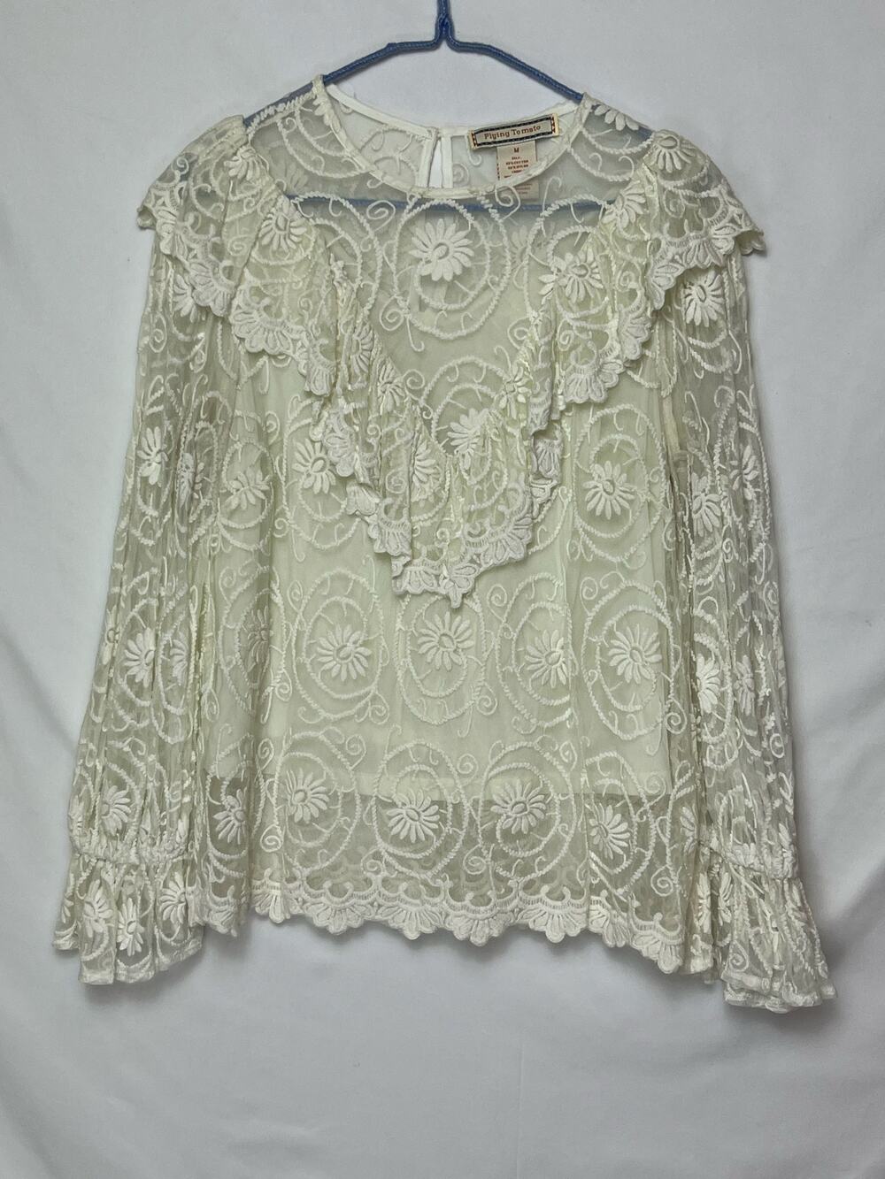 Flying Tomato Womens M White Long Sleeve Lace Western Cut Boho Shirt Top Cowgirl